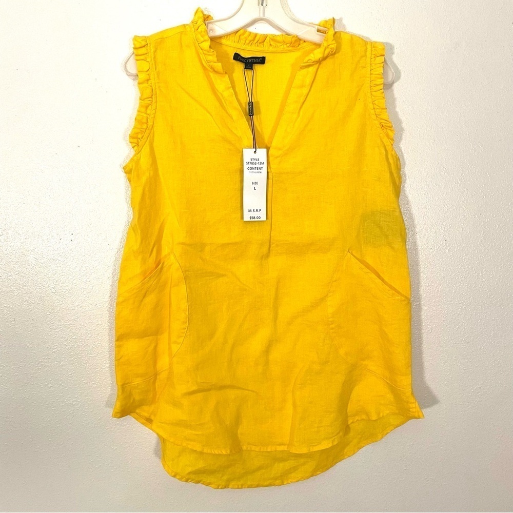 NEW For Cynthia Golden Yellow 100% Linen Sleeveless Top Split V-Neck Ruffle Sz L